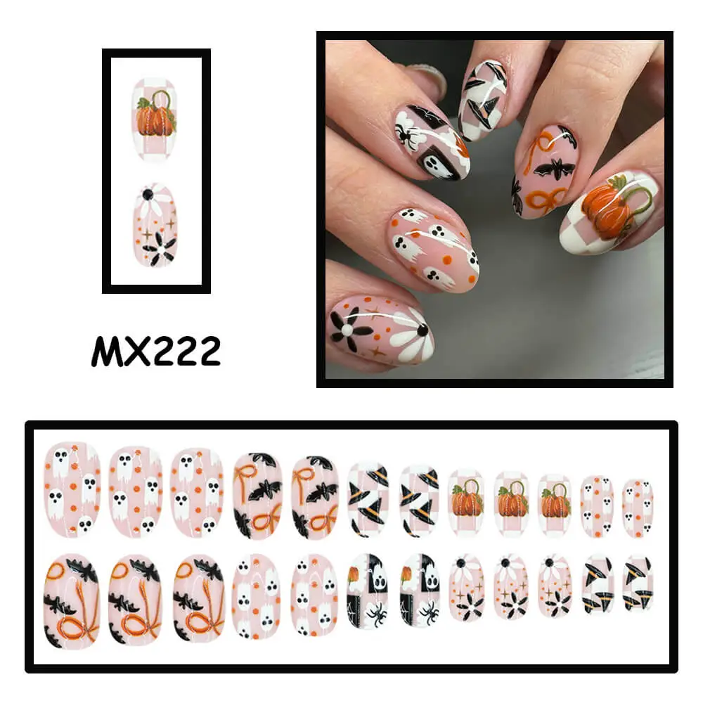 Nailhour 24Pcs Halloween Short Oval Ghost Plaid Press On Nails