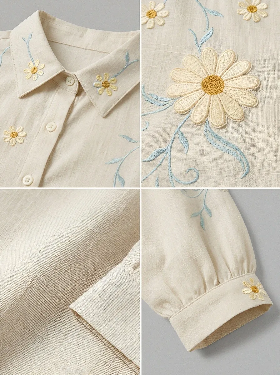 Women's Breast Cancer Awareness Daisy Floral Embroidered Printed Shirt