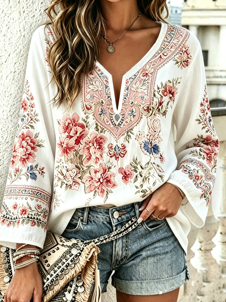 Women's Cotton Linen Vintage Botanical Floral Print T-Shirt