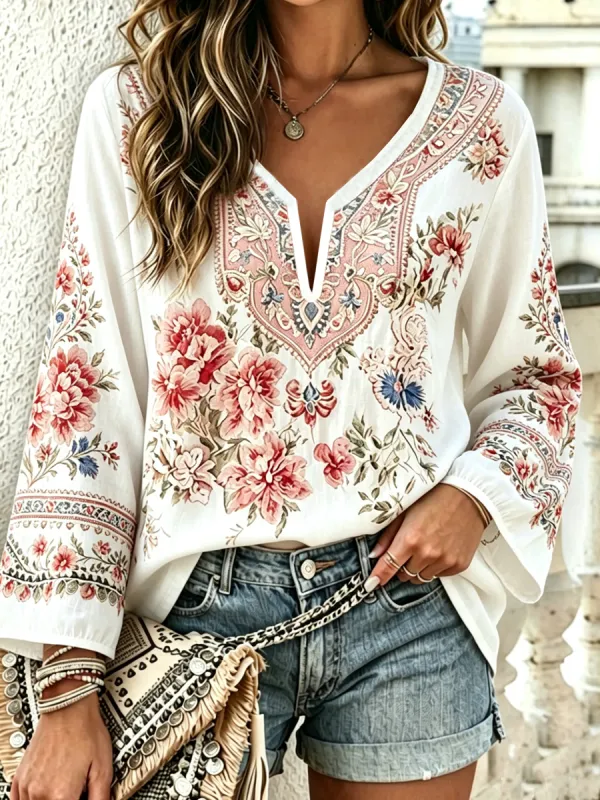 Women's Cotton Linen Vintage Botanical Floral Print T-Shirt