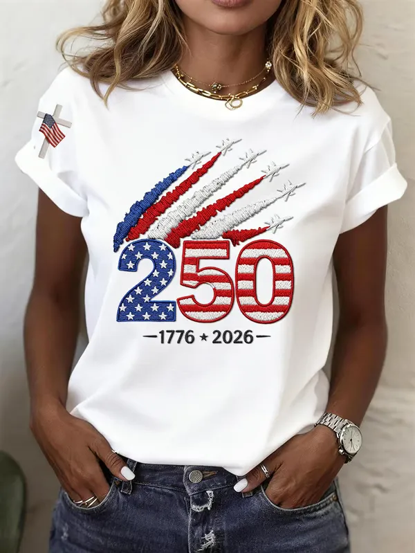 American Women's 250th Anniversary Embroidered Printed Round Neck Short Sleeve T-shirt