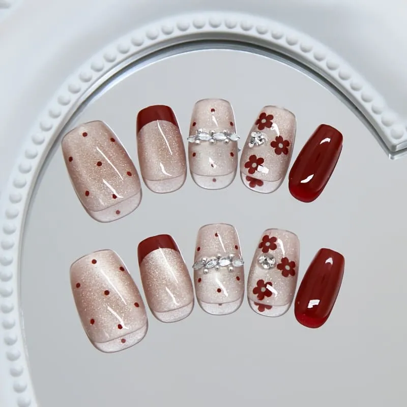 Nailhour 30Pcs Red Rhinestone French Medium Square Press On Nails