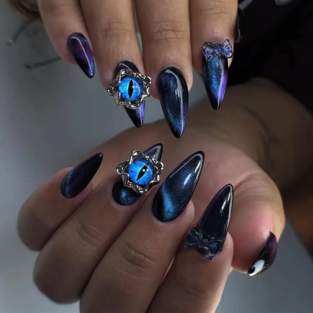 Nailhour 24Pcs Blue Cat Eye Medium Almond Press On Nails