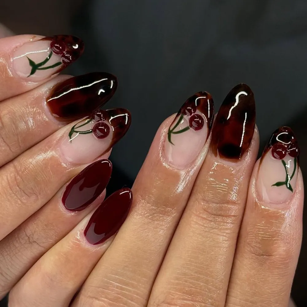 Nailhour 24Pcs Red 3D Vintage Medium Almond Press On Nails