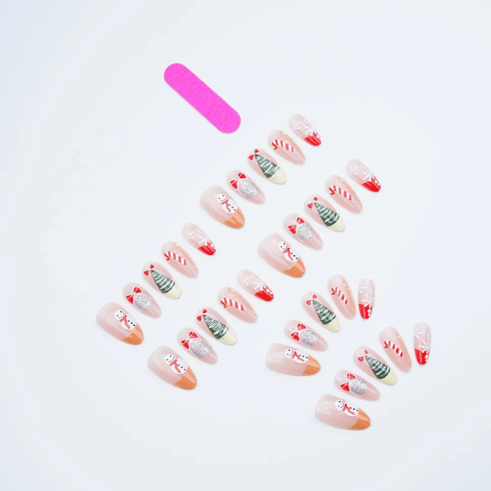 Nailhour 30Pcs Snowman 3D Christmas Tree Medium Almond French Press On Nails