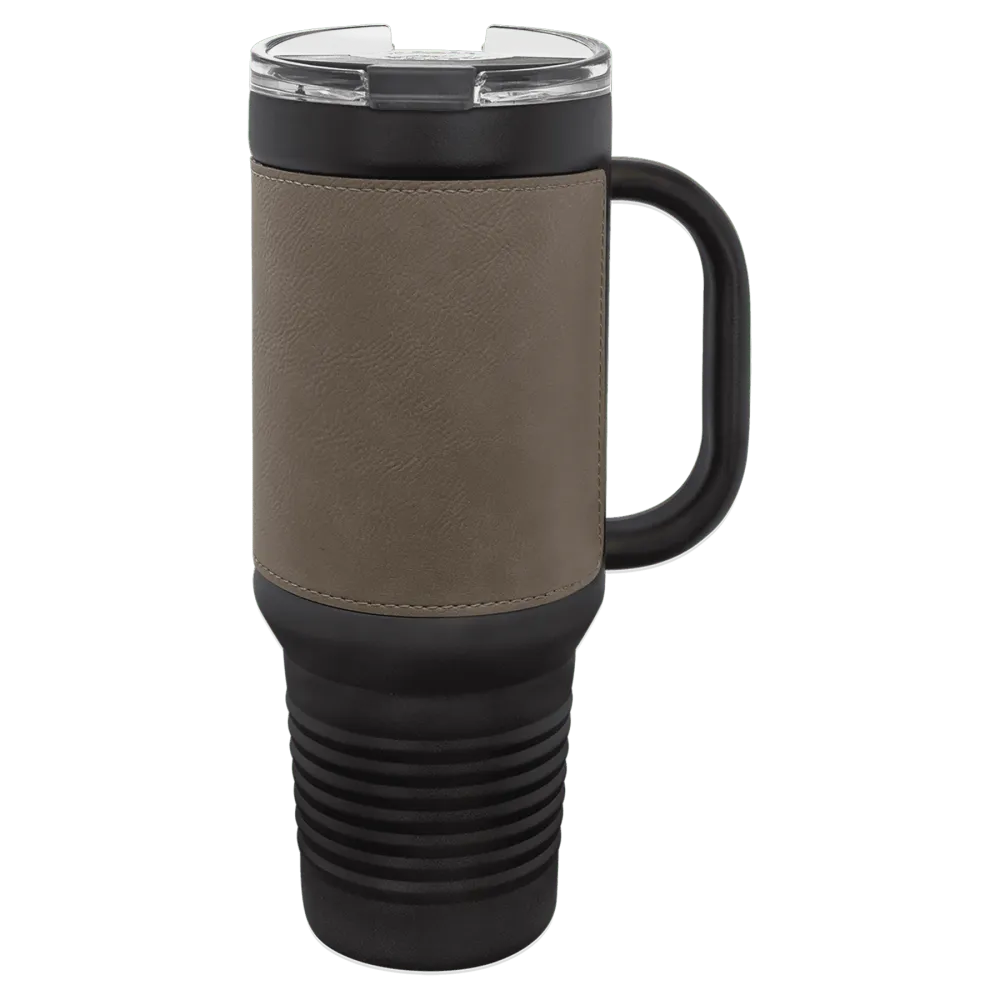 Leatherette Finish Handled Straw Lid Stainless Steel Tumbler