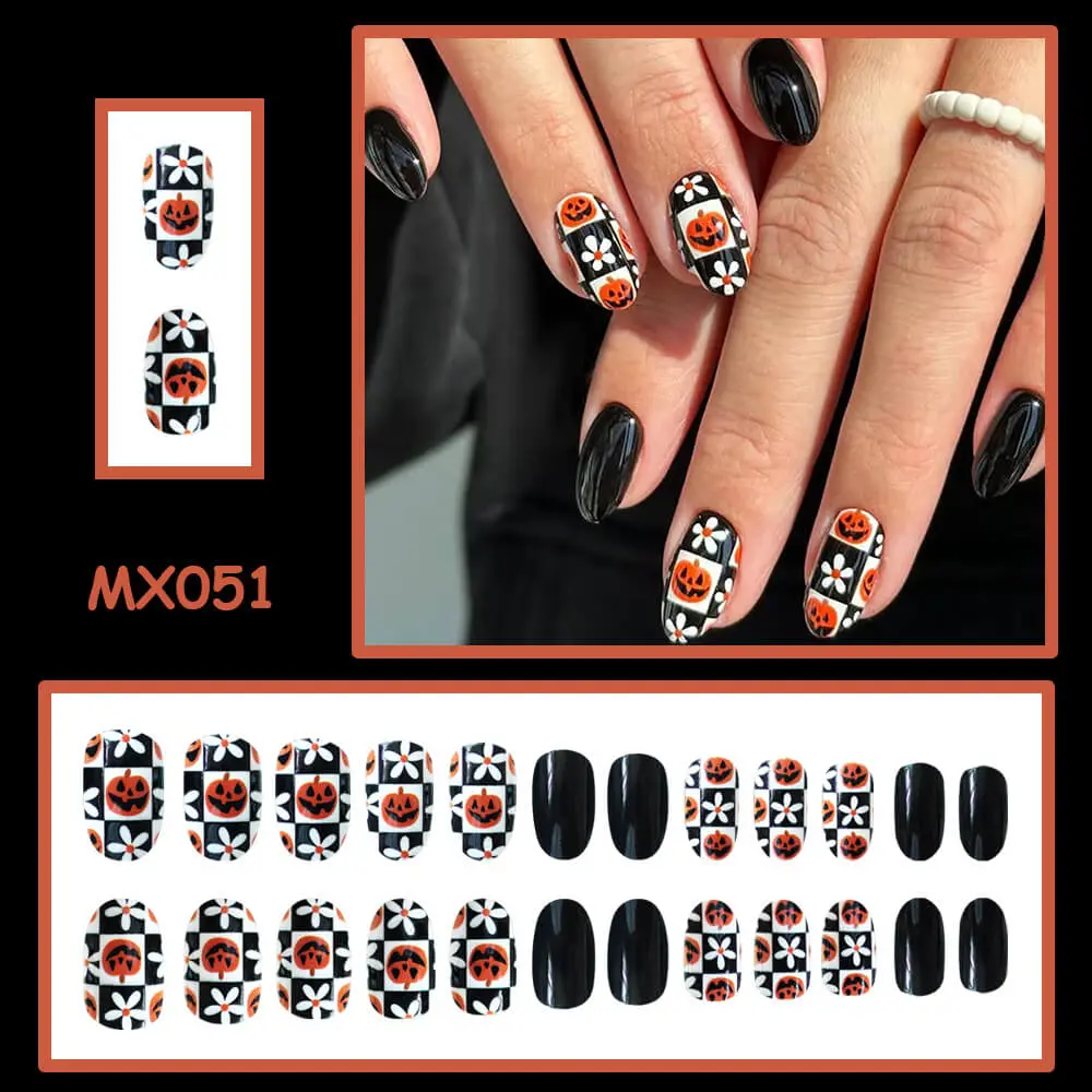 Nailhour 24Pcs Halloween Medium Oval Pumpkin Checkerboard Press On Nails