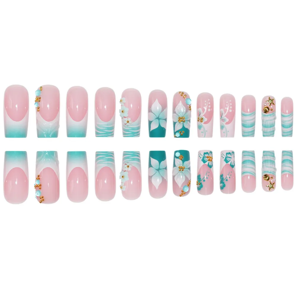 Nailhour Rhinestone 24Pcs Long Square 3D Floral Press On Nails