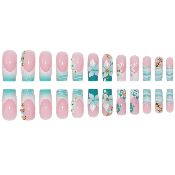 Nailhour Rhinestone 24Pcs Long Square 3D Floral Press On Nails