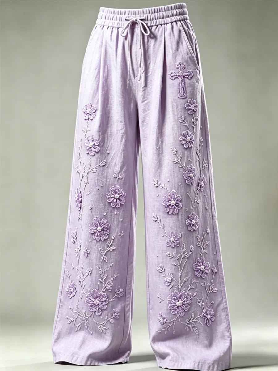 Women's Floral Print Embroidered Palazzo Pants