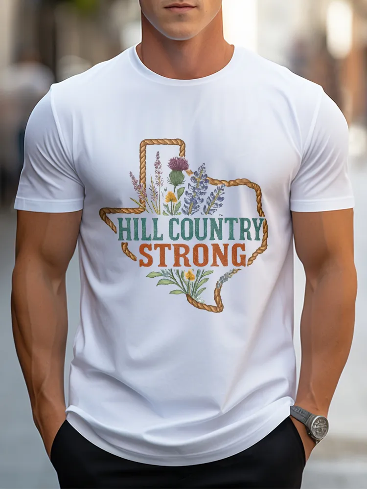 Men'S Casual Style HILL COUNTRY STRONG Round Neck Slim Fit T-Shirt