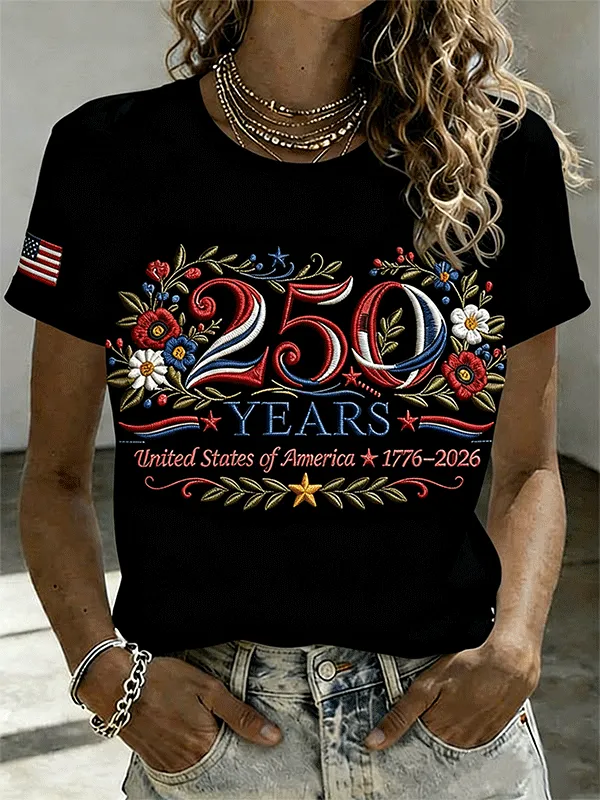 Women's 250 Years 1776-2026 USA Floral Embroidered T-shirt