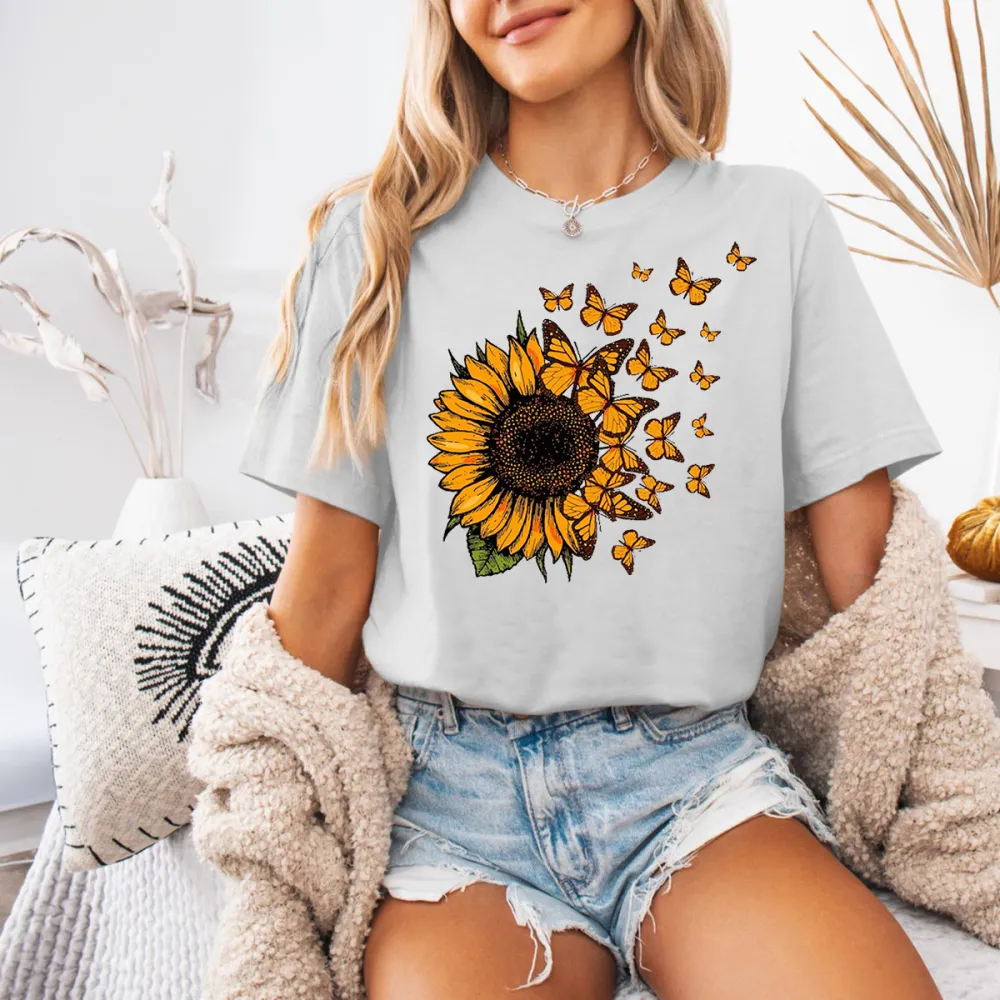 Sunflower And Flying Butterflies Tee
