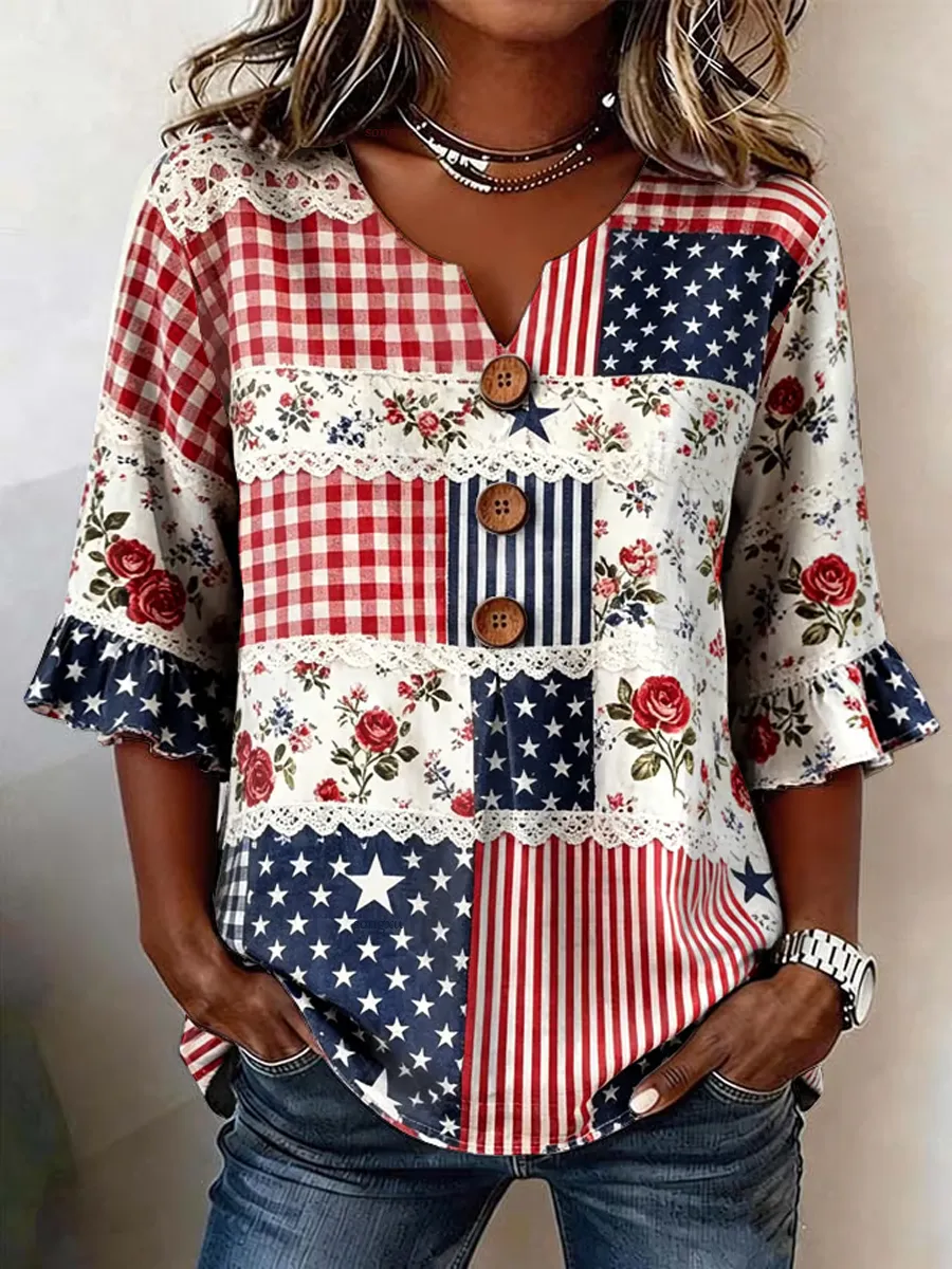 Women's casual patriotic printed top