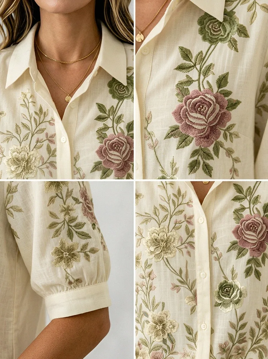 Women's Breast Cancer Awareness Floral Rose Printed Button-up Shirt