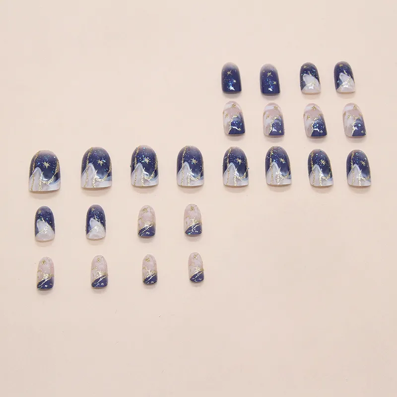 Nailhour Oval Gradient Glitter 24Pcs Blue Almond Cool Press On Nails