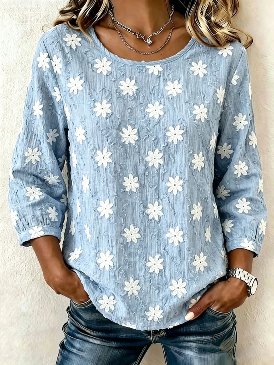 Women'S Casual Floral Print Cotton Linen Top