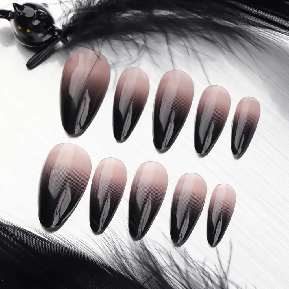 Nailhour 24Pcs Black Gradient Medium Almond French Press On Nails