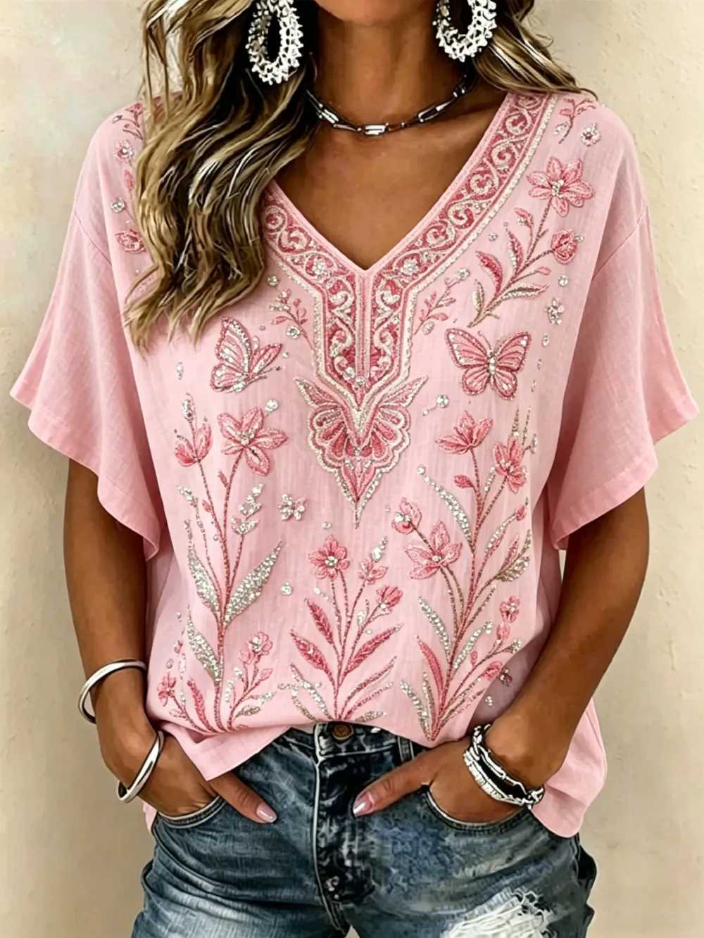 Women'S Floral Art Printed Casual Lace Sleeve Top