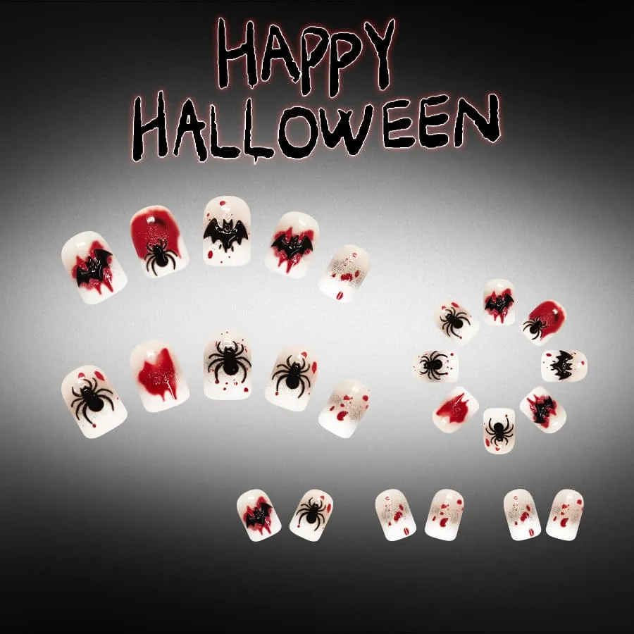 Nailhour 24Pcs Glossy French 3D Bat Halloween Short Square Press On Nails