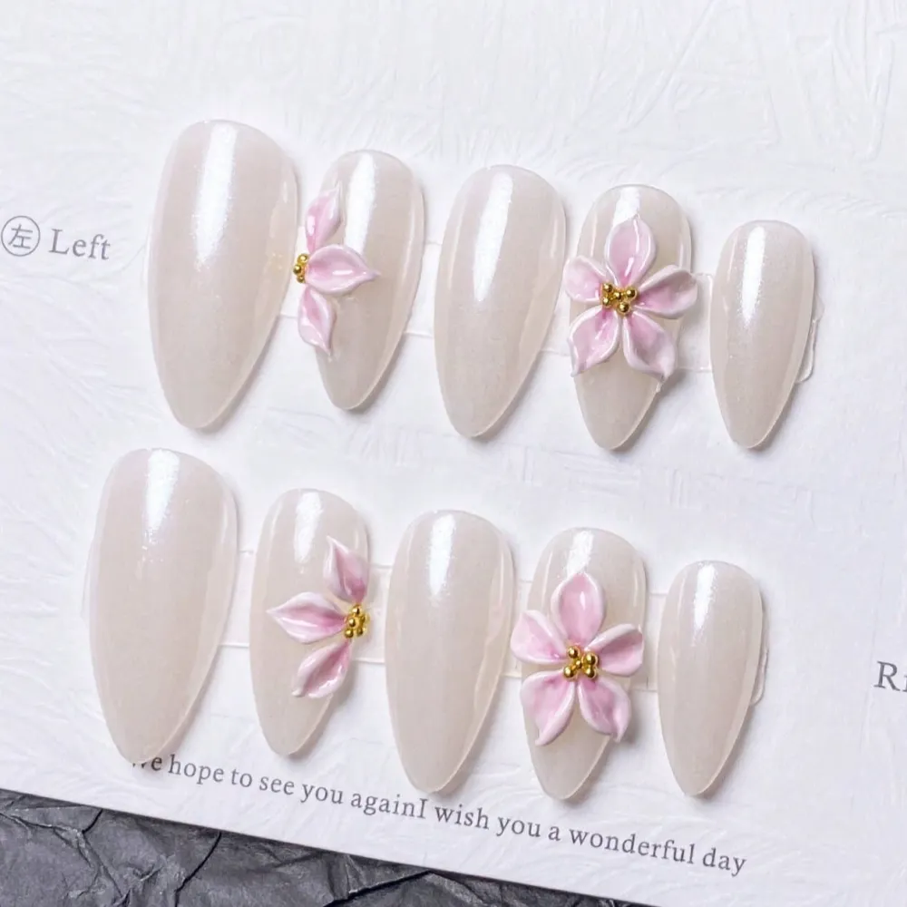 Nailhour 10Pcs Handmade Versatile Medium Almond 3D Floral Press On Nails