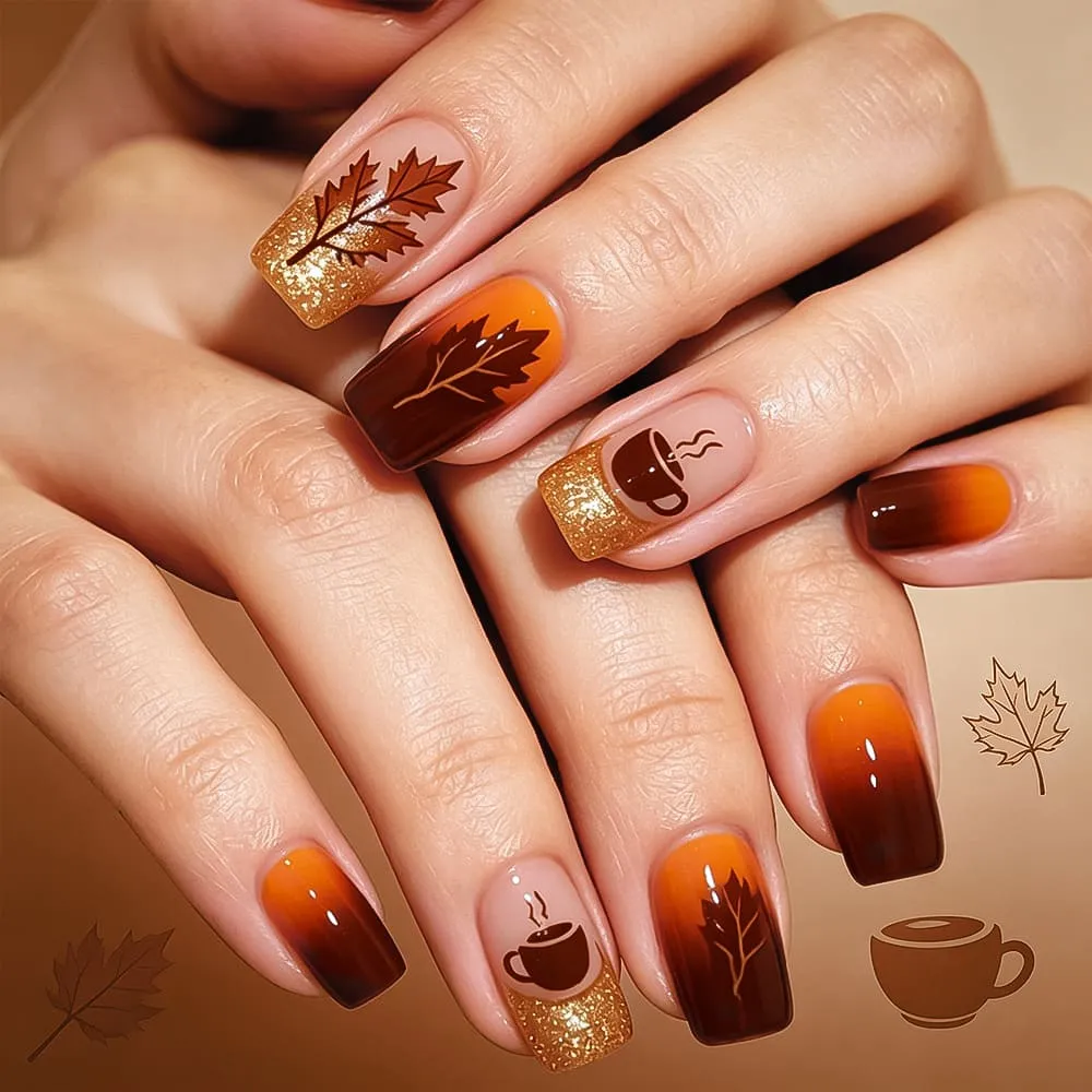 Nailhour 24Pcs Floral Autumn Glitter Medium Square Press On Nails