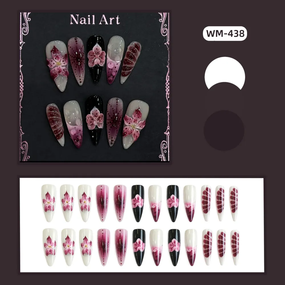 Nailhour 24Pcs Long Almond French Floral 3D Press On Nails