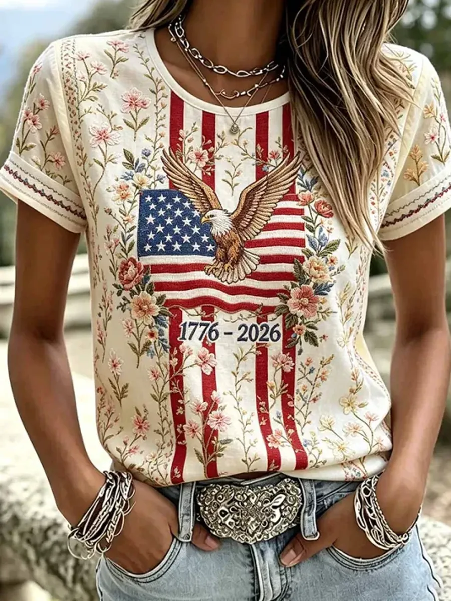Women's casual round neck Patriot printed T-shirt