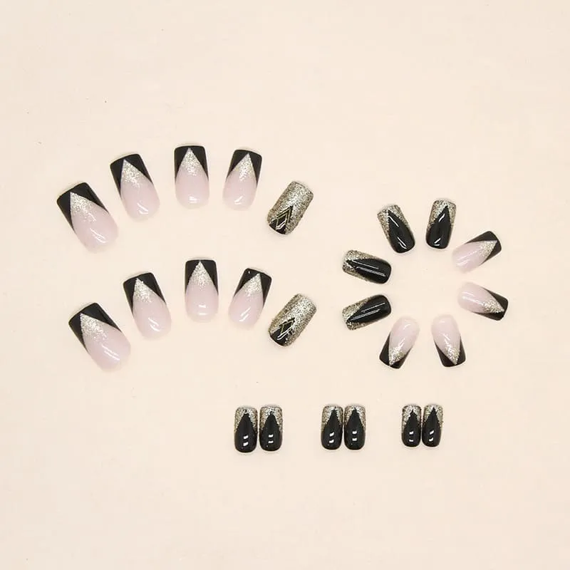 Nailhour 24Pcs French Gilded Black Short Square Press On Nails