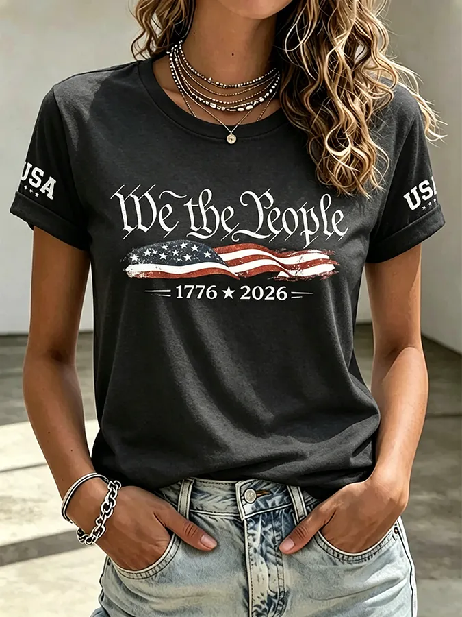 Embroidered Printed Round Neck Short Sleeved T-Shirt Commemorating The 250Th Anniversary Of The United States