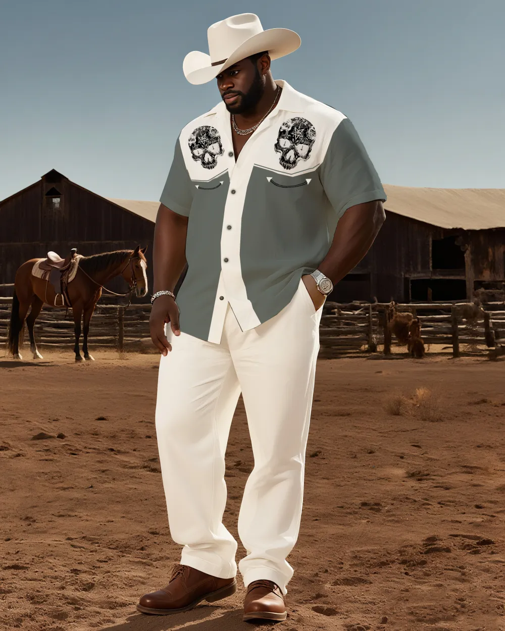 Big & Tall Men'S Western Style Color Matching Casual Skull Print-Short Sleeve Shirt