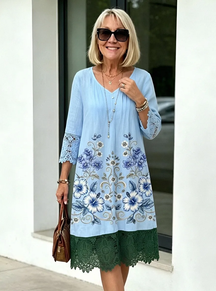 Women's Summer Vacation Blue Hibiscus Floral Lace Trim Printed Dress