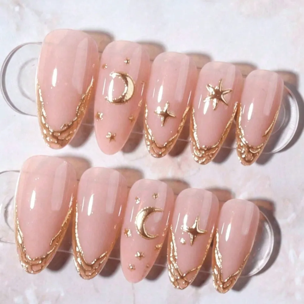 Nailhour 30Pcs Daily 3D Gilded French Medium Almond Press On Nails