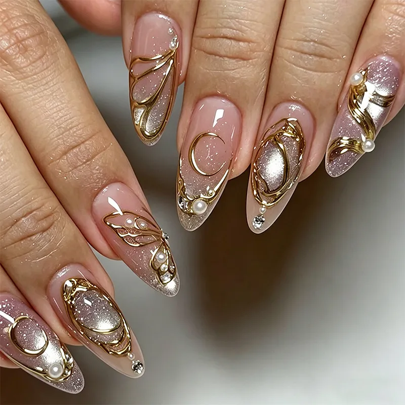Nailhour Gold Chrome Cat Eye 30Pcs Almond Press On Nails
