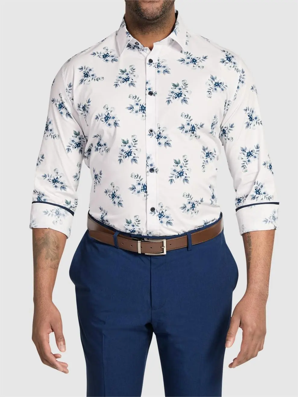 Navy Casual Floral Long Sleeve Shirts