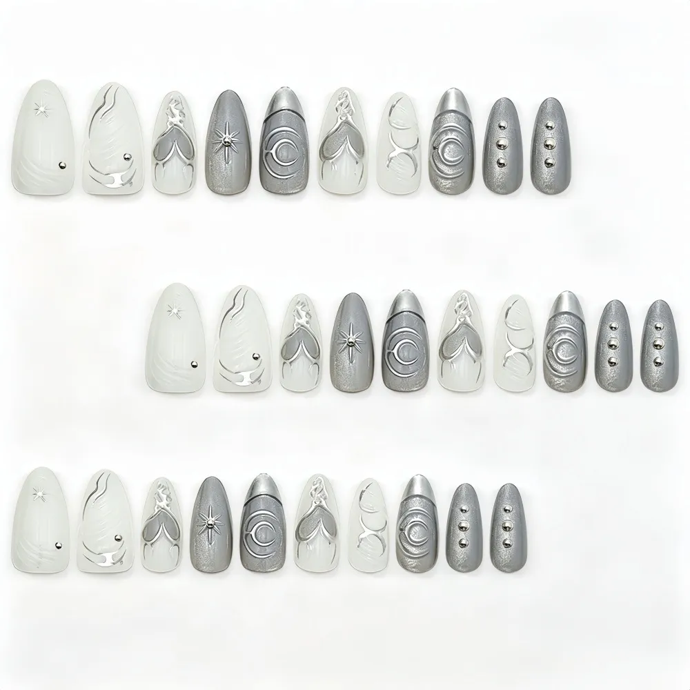 Nailhour 30Pcs Cool-Toned Cat Eye Medium Almond Press On Nails