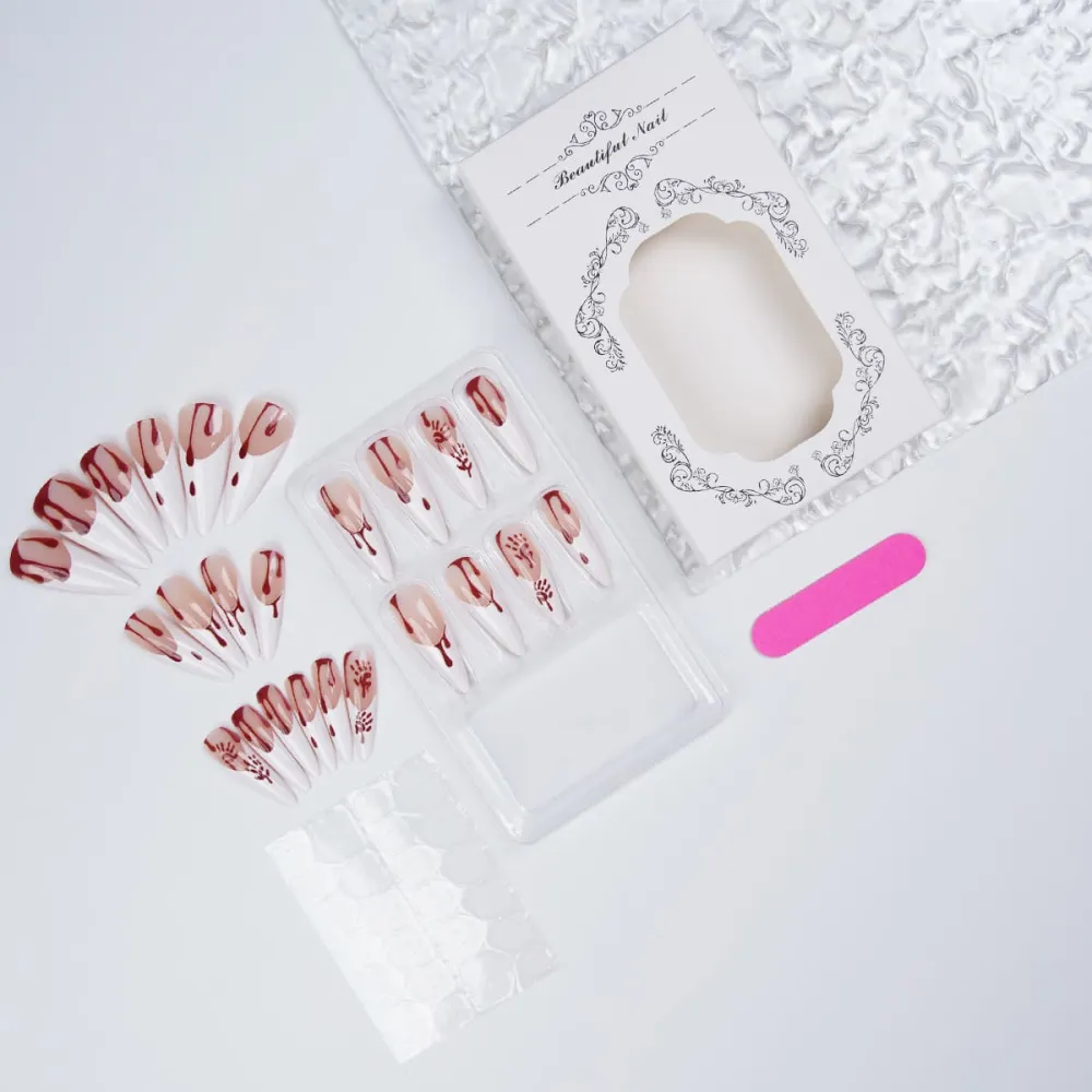 Nailhour 24Pcs French Halloween Gothic Long Almond  Press On Nails