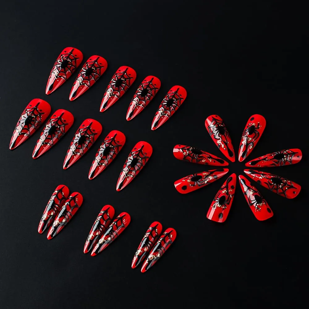 Nailhour 24Pcs Halloween Red Spider Web Medium Almond Press On Nails