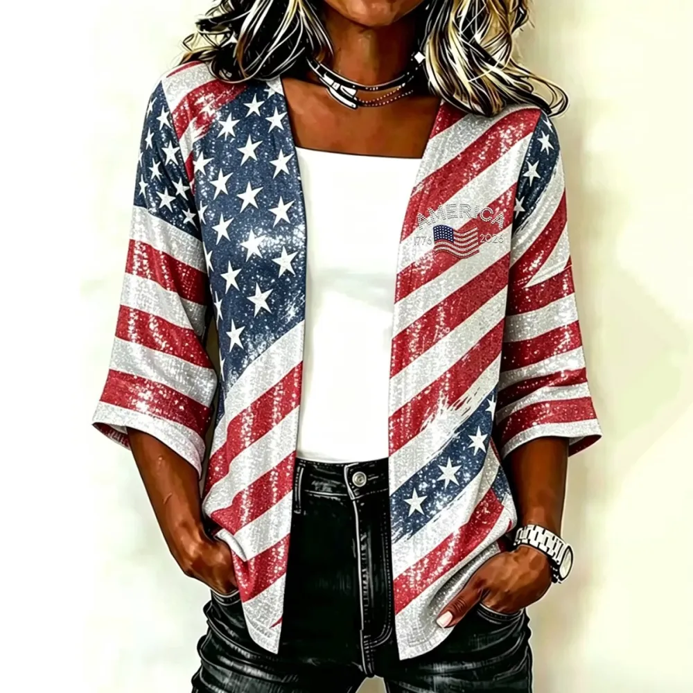 Women's Retro Independence Day Anniversary Flag Print Kimono Cardigan