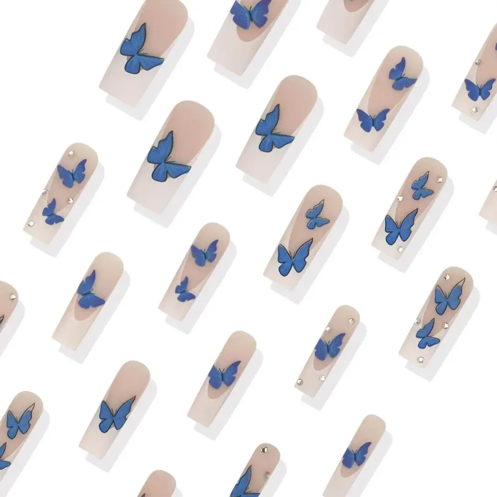 Nailhour 24Pcs French Long Square Butterfly Dreams Rhinestone Press On Nails
