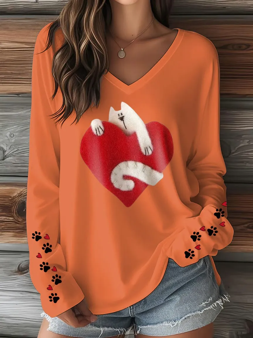 Women's T-shirt With Cute Cat Print And V-Neck And Long Sleeves