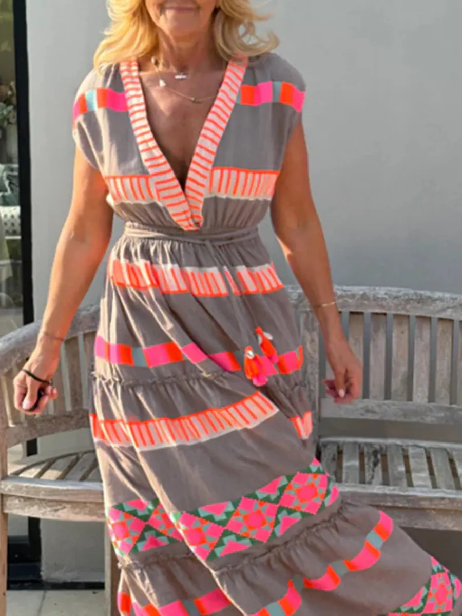 🔥Hot Sale 💕Women's Loose V-Neck Vintage Stripe Pattern Sleeveless Dress