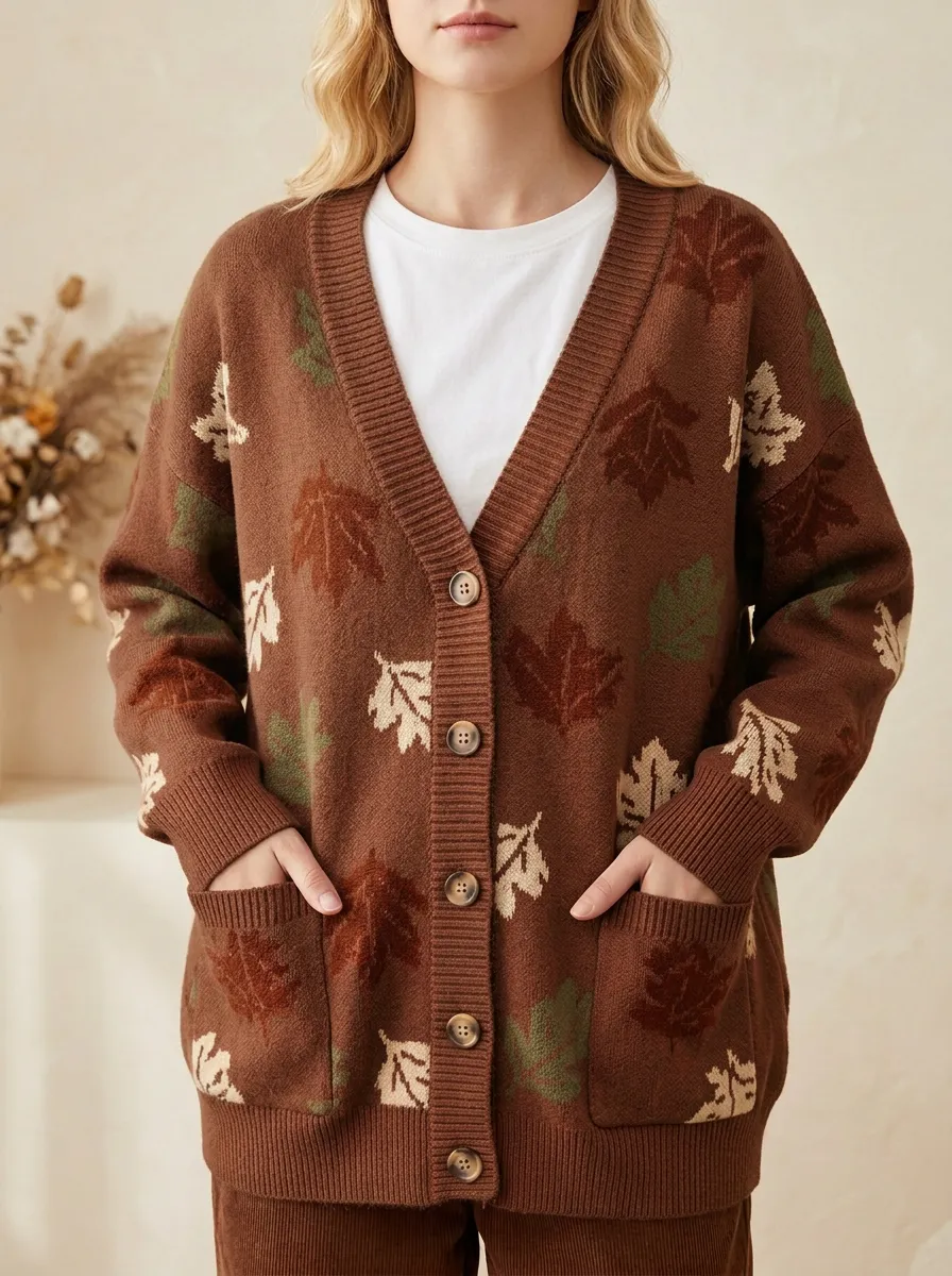 Woodland Maple Leaf Pattern Patterned Women's Knit Cardigan
