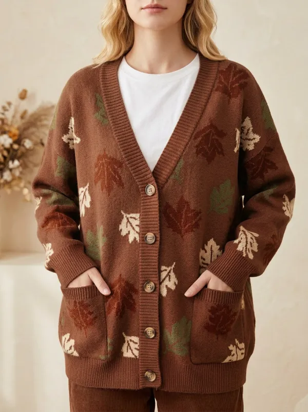 Woodland Maple Leaf Pattern Patterned Women's Knit Cardigan