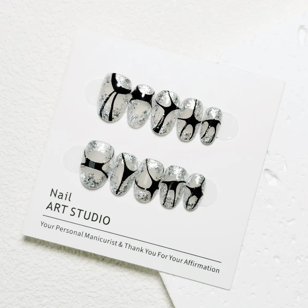 Nailhour 10Pcs Glitter French Minimalist Short Oval Press On Nails