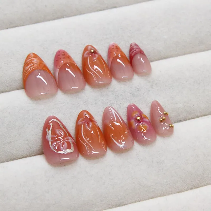 Nailhour 30Pcs 3D Medium Almond French Floral Press On Nails