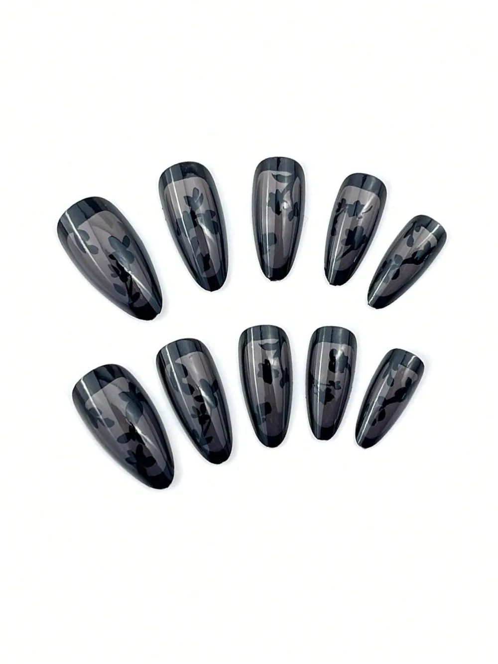 Nailhour 24Pcs Black Floral Gothic Party Medium Almond Press On Nails