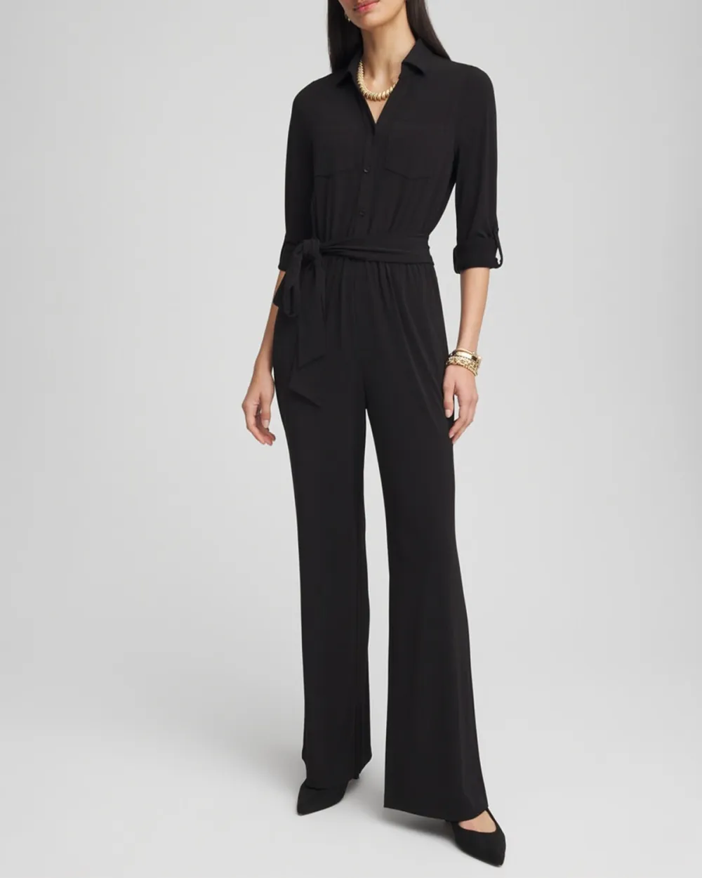 Black Long Sleeve Belted Jumpsuit