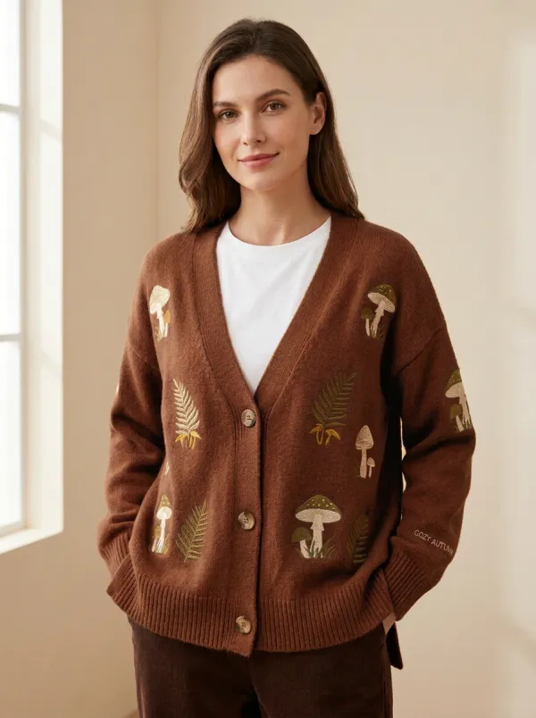 Botanical Mushroom Fern Embroidered Women's Knit Cardigan