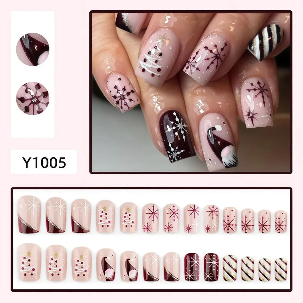 Nailhour 24Pcs Christmas Pink Medium Square French Press On Nails